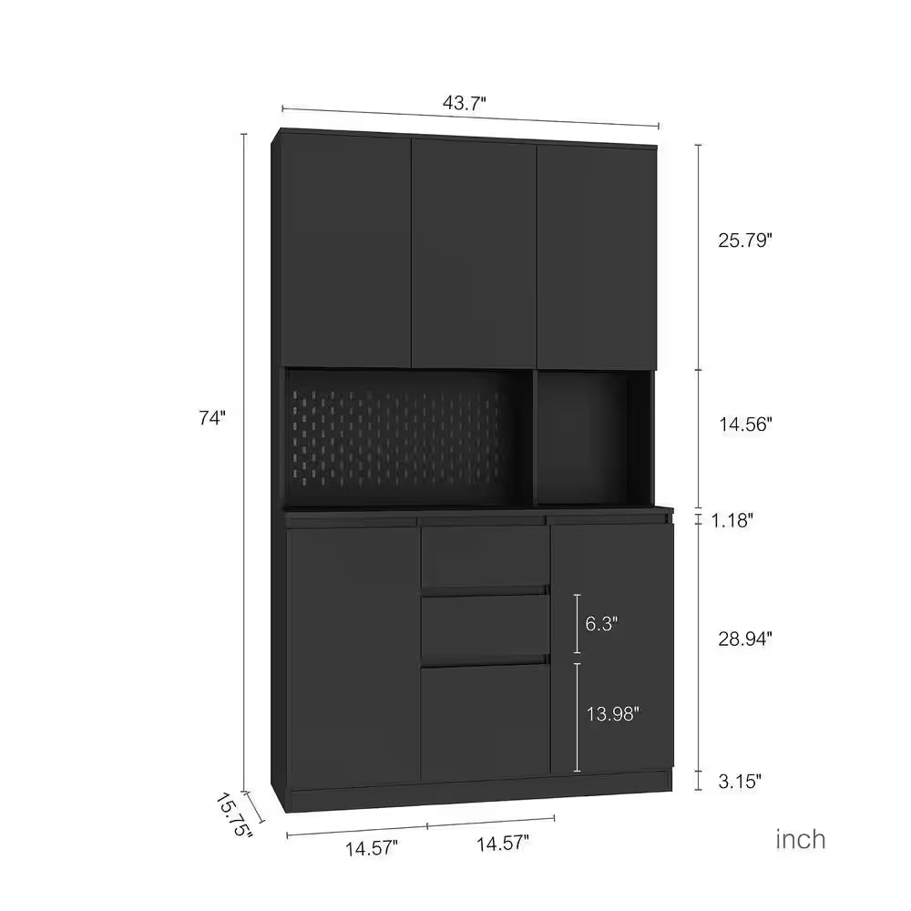 Black 74 In. Large Wood Pantry Organizer with Roll-Out 2-Drawer and Storage Shelves Freestanding Cupboard Buffet Cabinet