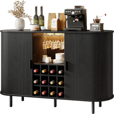 55" Wine Bar Cabinet with LED Light & Power Outlet, Black