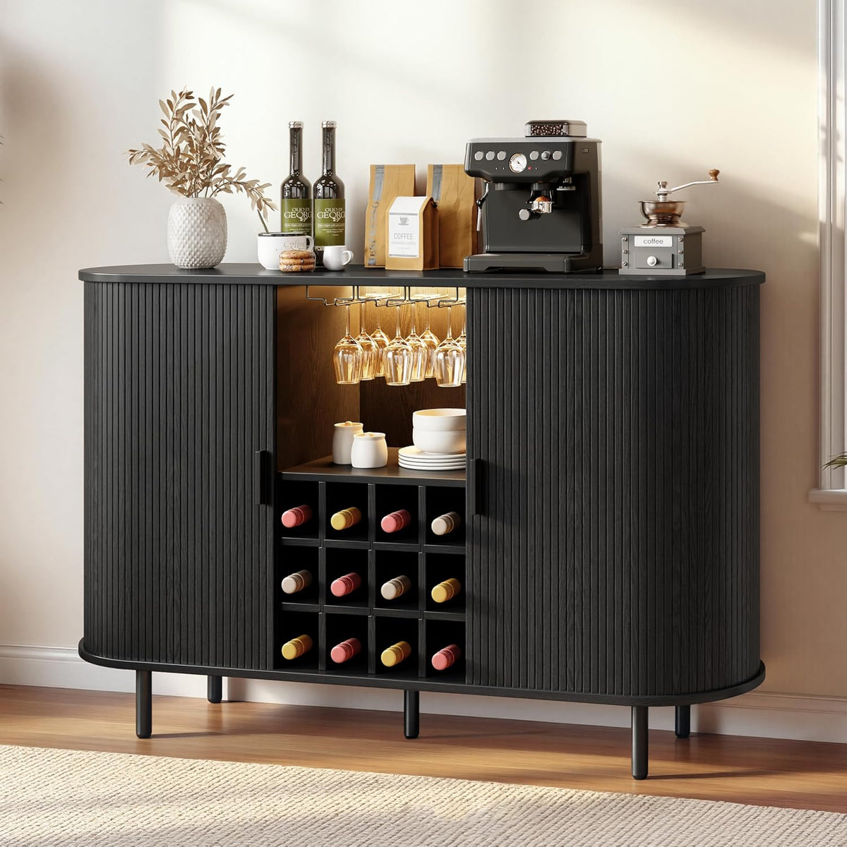 55" Wine Bar Cabinet with LED Light & Power Outlet, Black