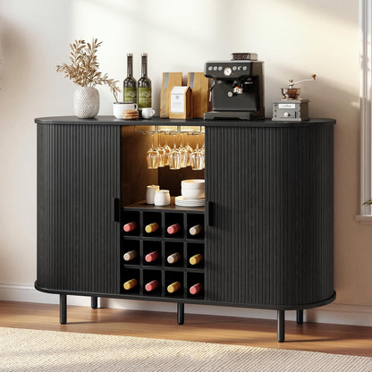 55" Wine Bar Cabinet with LED Light & Power Outlet, Black