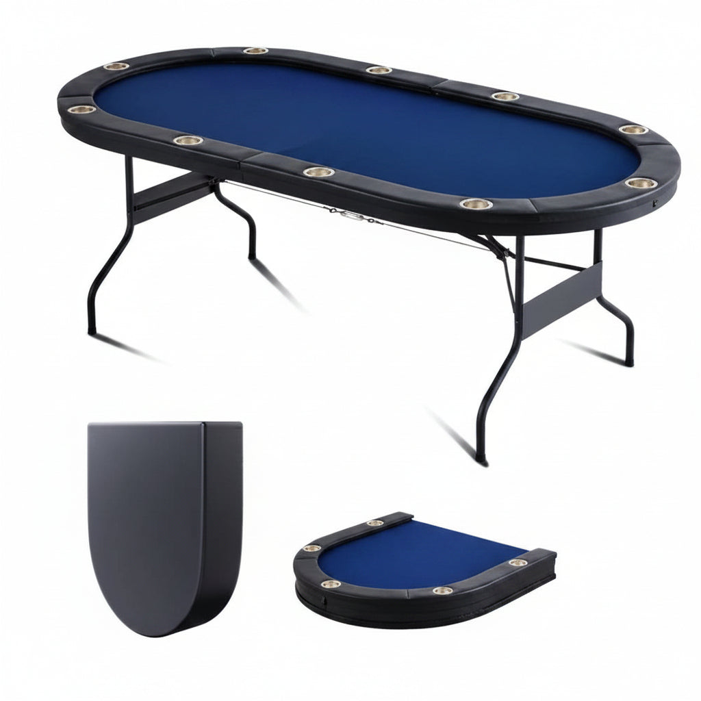 10 Player Foldable Poker Table, Blackjack Texas Holdem Poker Table with Padded Rails and Stainless Steel Cup Holders, Portable Folding Card Board Game Table, 84 Oval Casino Leisure Table