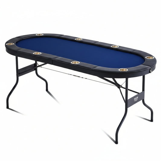 8 Player Foldable Poker Table, Blackjack Texas Holdem Poker Table with Padded Rails and Stainless Steel Cup Holders, Portable Folding Card Board Game Table, 72 Oval Casino Leisure Table, Blue