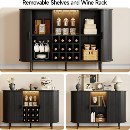 55" Wine Bar Cabinet with LED Light & Power Outlet, Black