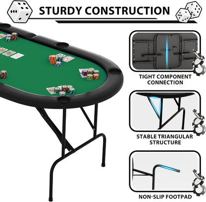 8 Player Oval Foldable Poker Tables, Casino Style Card Table with 8 Cup Holders & Non-Slip Feet, Portable Game Table for Texas Holdem, Blackjack & Dominoes, Perfect for Living Room (Green)