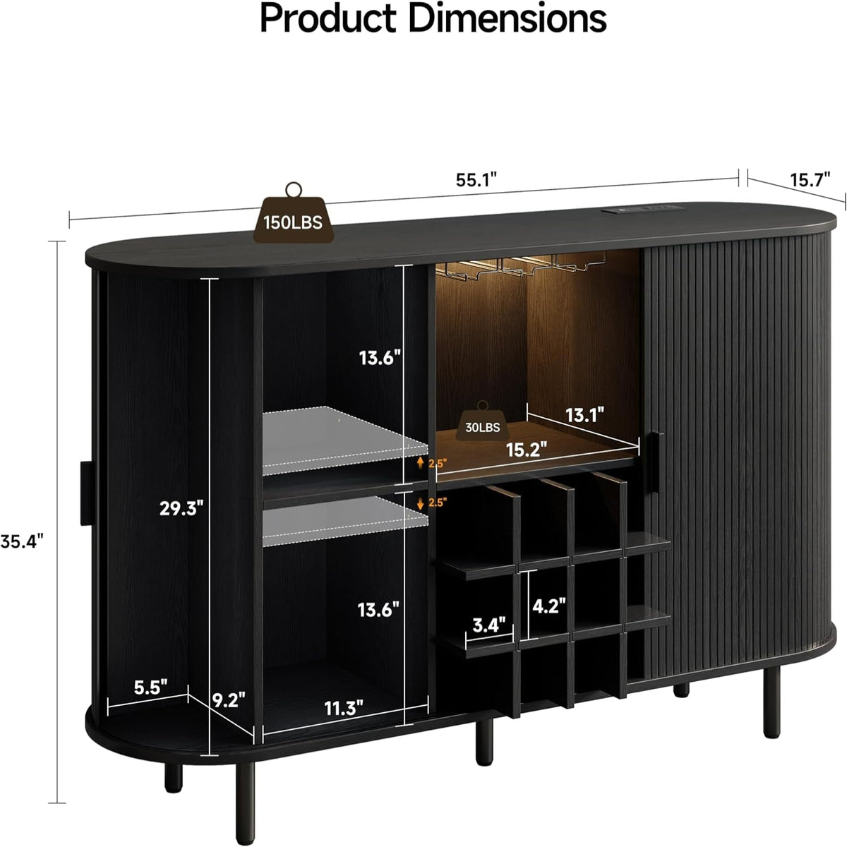 55" Wine Bar Cabinet with LED Light & Power Outlet, Black