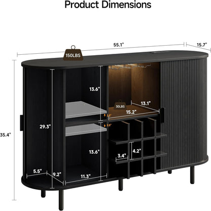 55" Wine Bar Cabinet with LED Light & Power Outlet, Black