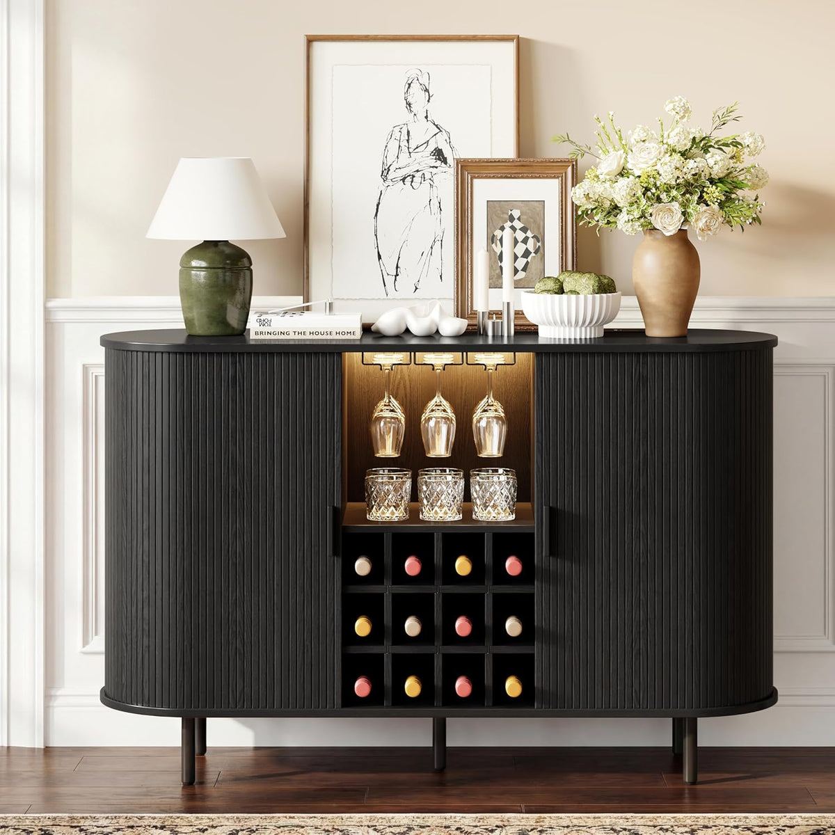 55" Wine Bar Cabinet with LED Light & Power Outlet, Black