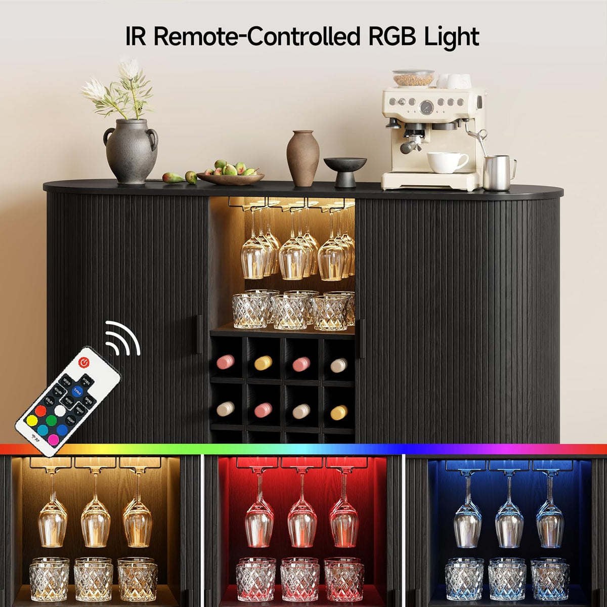 55" Wine Bar Cabinet with LED Light & Power Outlet, Black