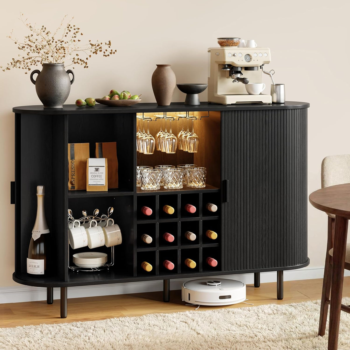 55" Wine Bar Cabinet with LED Light & Power Outlet, Black